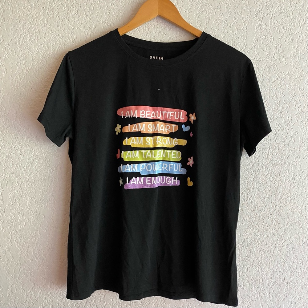 SHEIN Black Tee with Colorful Affirmations